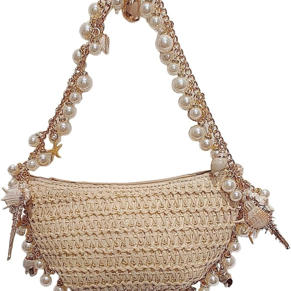 Beige Pearl-Embellished Woven Shoulder Bag